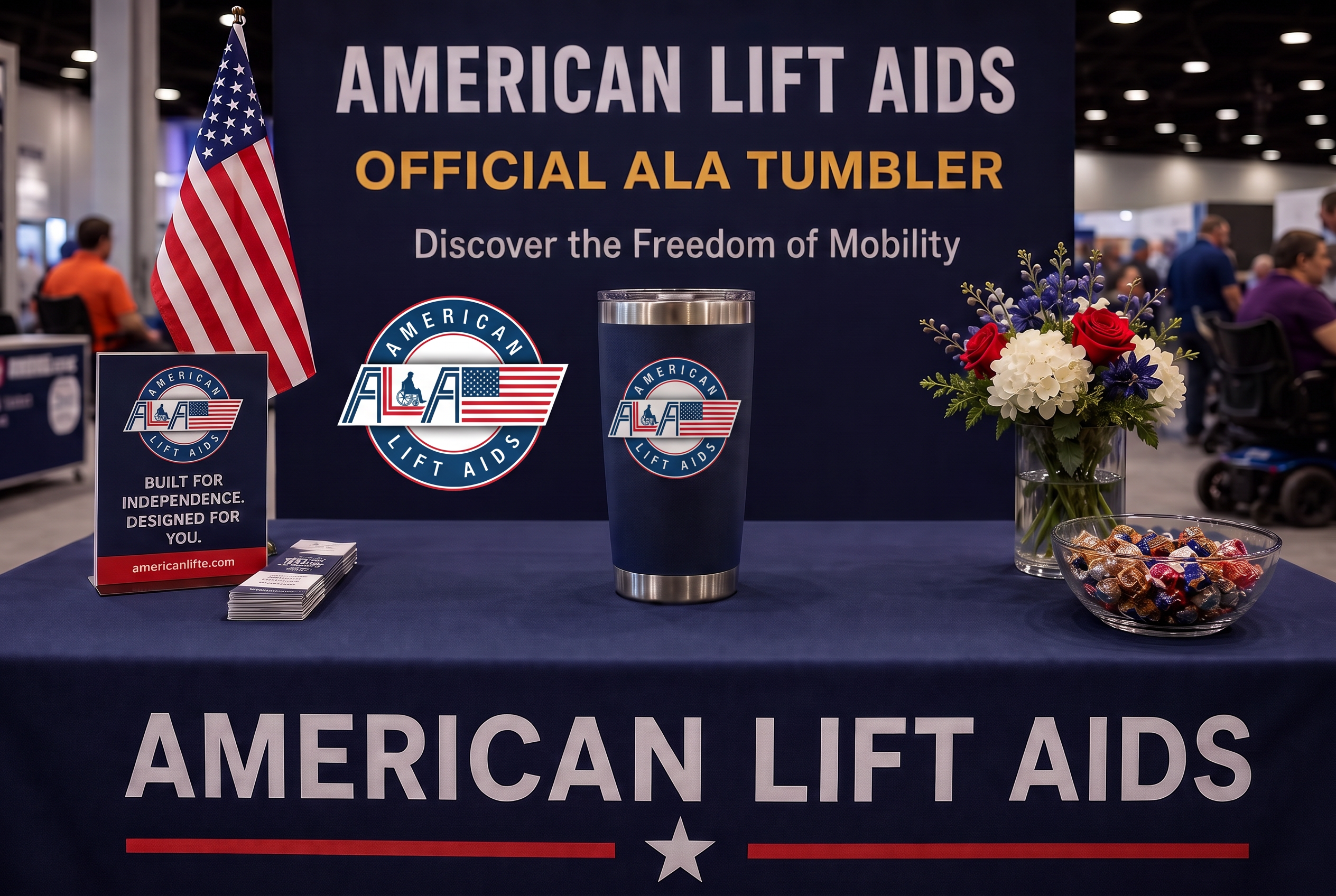 American Lift Aids tumbler on display at the expo booth